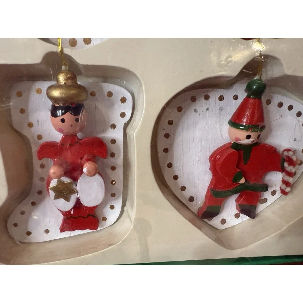 Vintage Christmas 12 Wooden Ornaments Hand Made Hand Painted 3-4